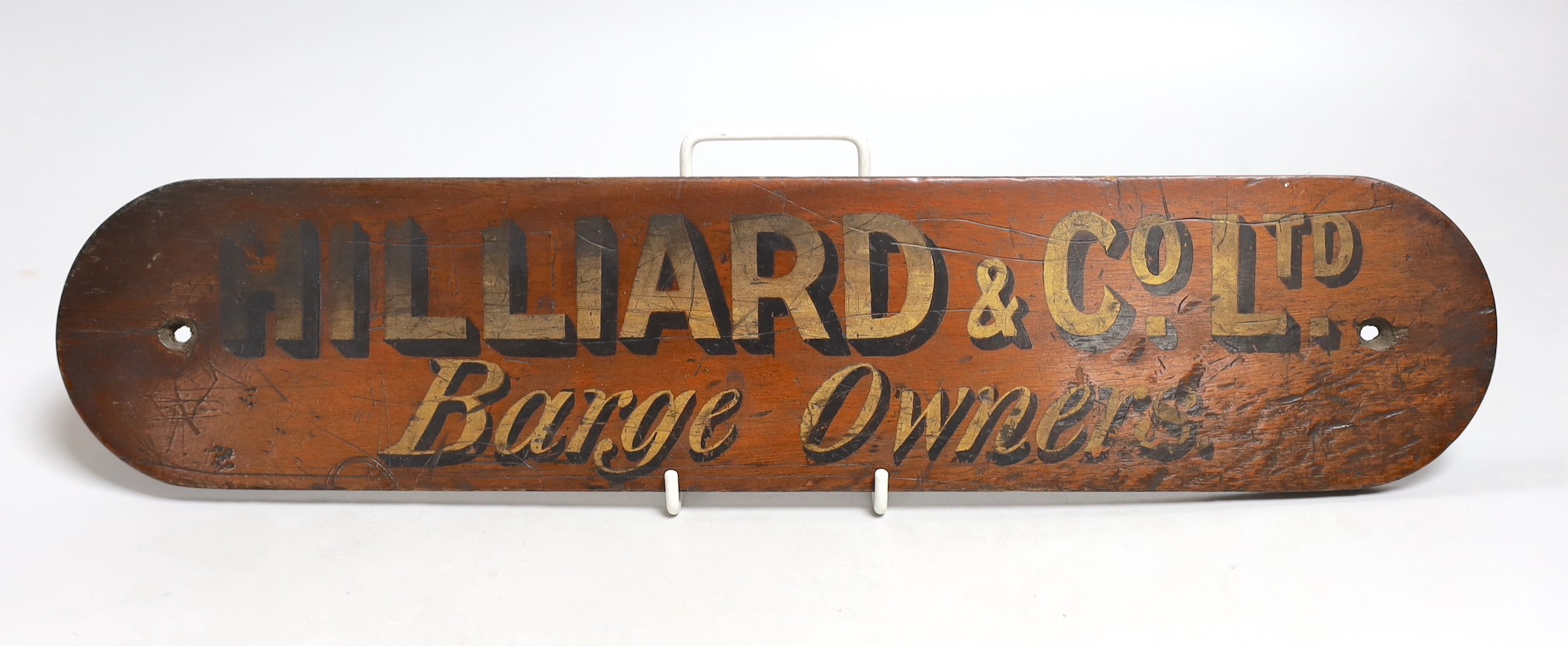 Hilliard & Co Ltd, Barge Owners’, an original painted mahogany sign. 40cm wide